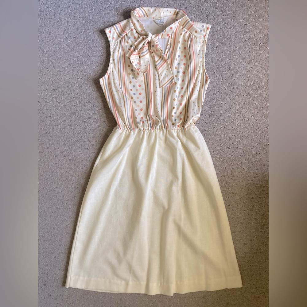 Vintage 70’s Sleeveless Cream Tie-Neck Polka Dot & Stripe Dress